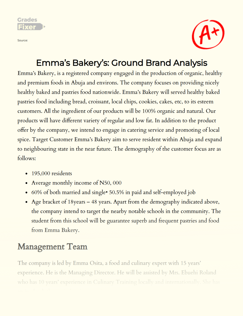 Emma’s Bakery’s: Ground Brand Analysis Essay