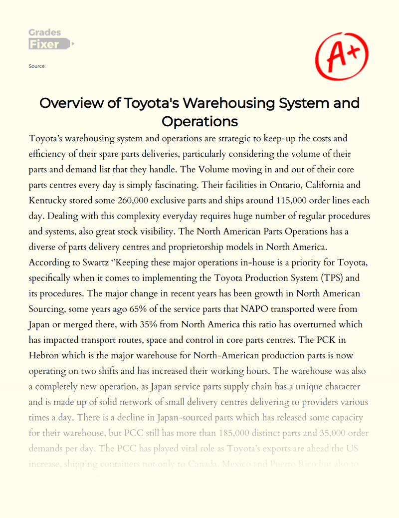 Overview of Toyota's Warehousing System and Operations Essay