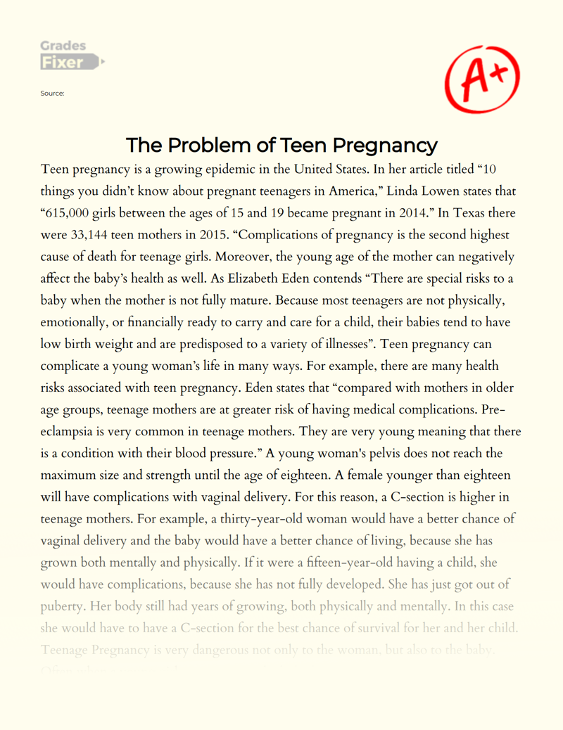Teen Pregnancy - a Growing Problem in The United States Essay