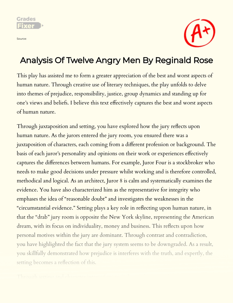 Analysis of Twelve Angry Men by Reginald Rose Essay