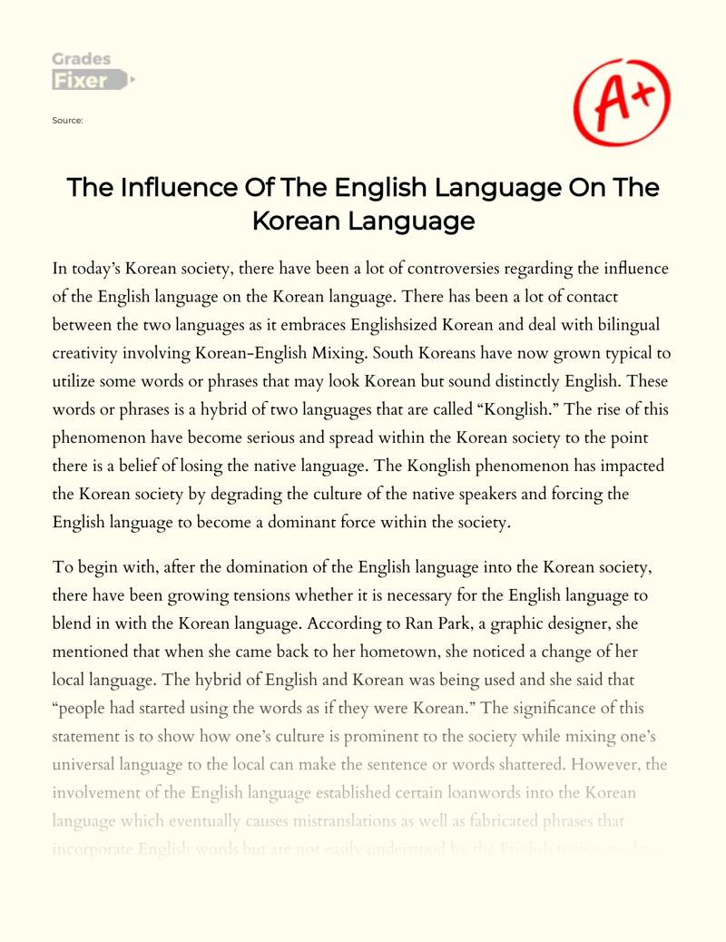 The Influence of The English Language on The Korean Language Essay
