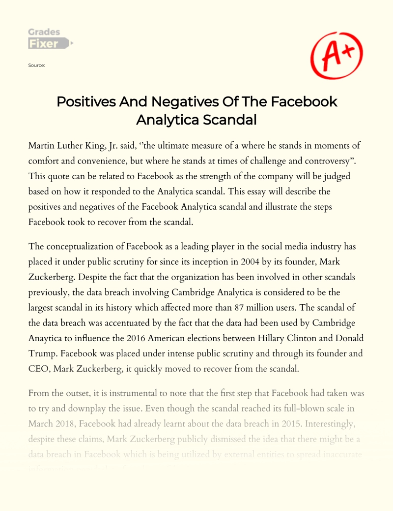 Positives and Negatives of The Facebook Analytica Scandal Essay