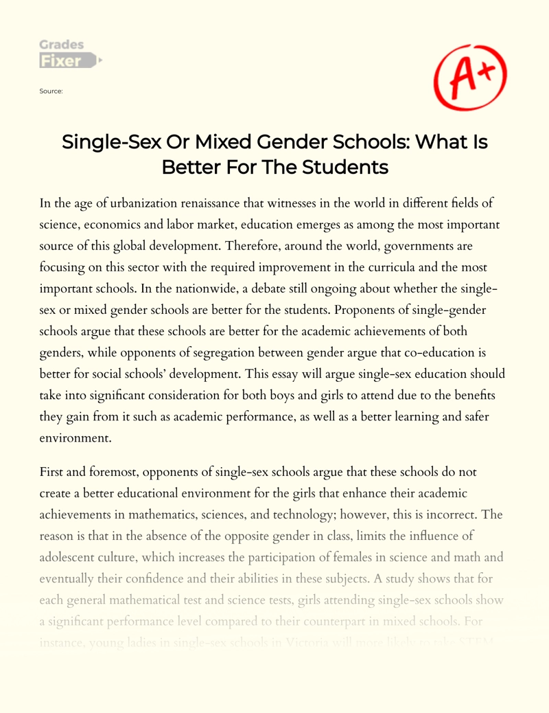 Single-sex Or Mixed Gender Schools: What is Better for The Students Essay