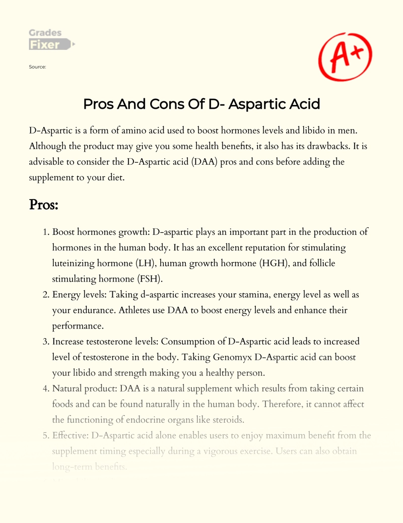 Pros and Cons of D- Aspartic Acid essay