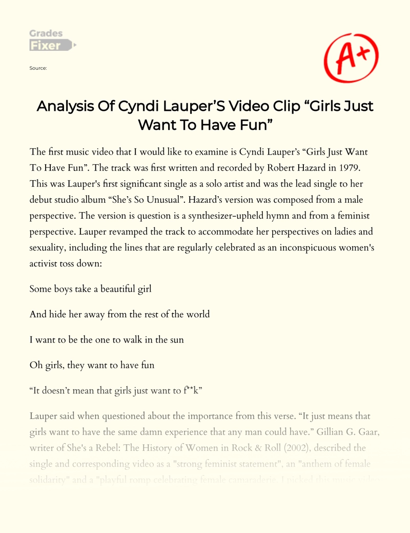 Analysis of Cyndi Lauper’s Video Clip "Girls Just Want to Have Fun" Essay