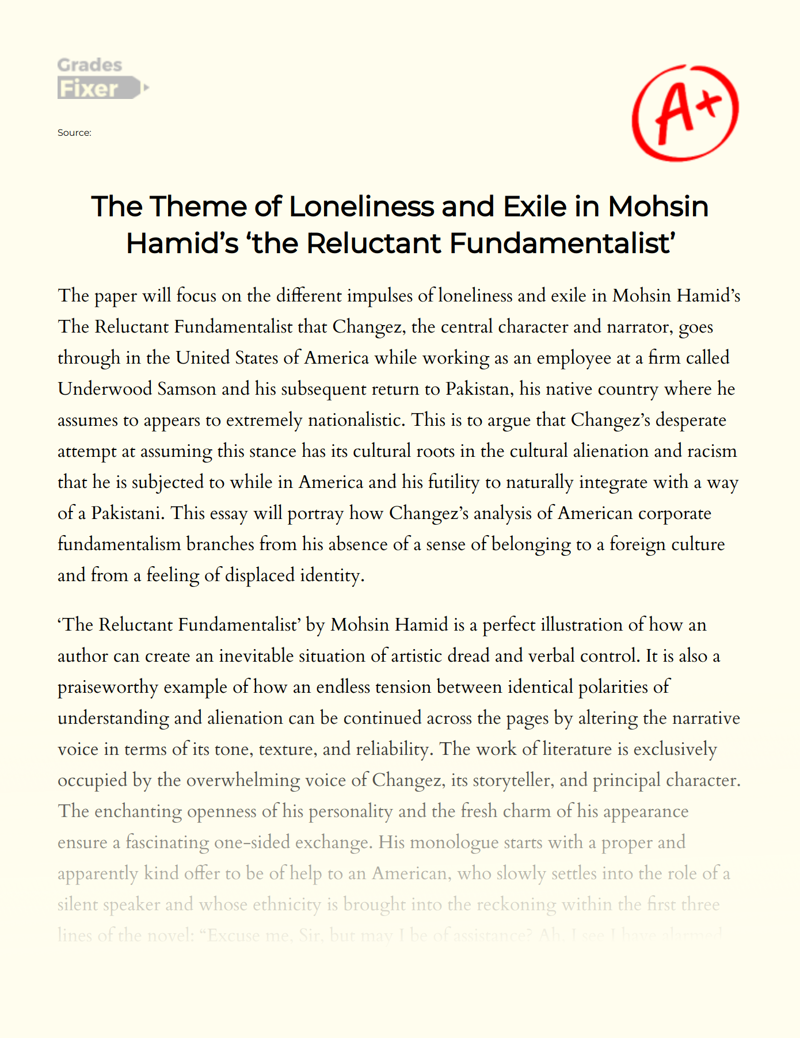 The Theme of Loneliness and Exile in Mohsin Hamid’s ‘the Reluctant Fundamentalist’ Essay