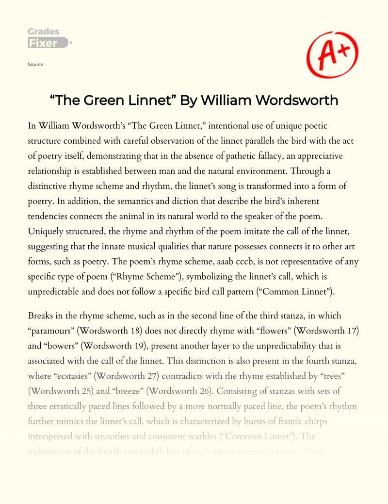 "The Green Linnet" by William Wordsworth Essay