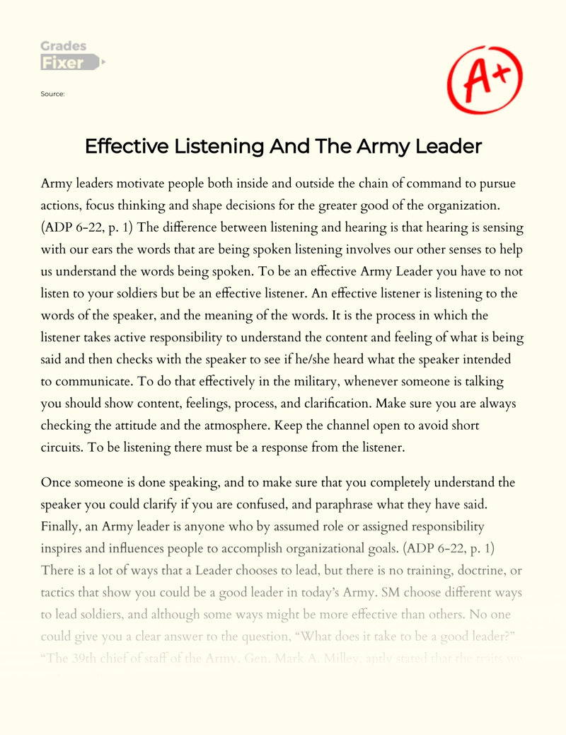 The Importance of Effective Listening and The Army Leader  Essay