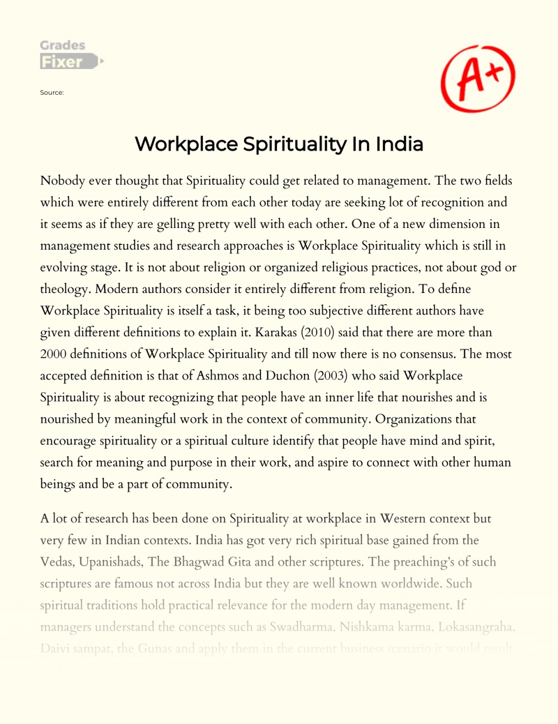 Features of Spiritual Orgatizations and Workplace Spirituality in India Essay