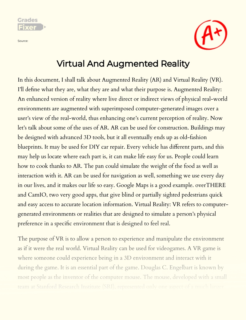 What's The Difference Between Augmented Reality (ar) and Virtual Reality (vr) Essay