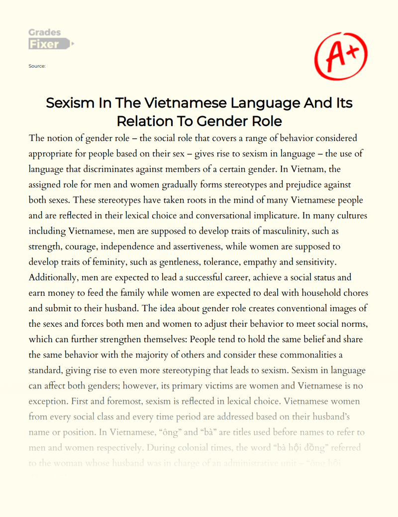 Sexism in The Vietnamese Language and Its Relation to Gender Role Essay
