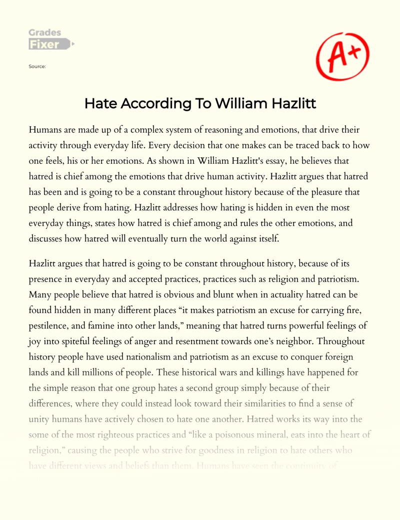 Hate According to William Hazlitt Essay