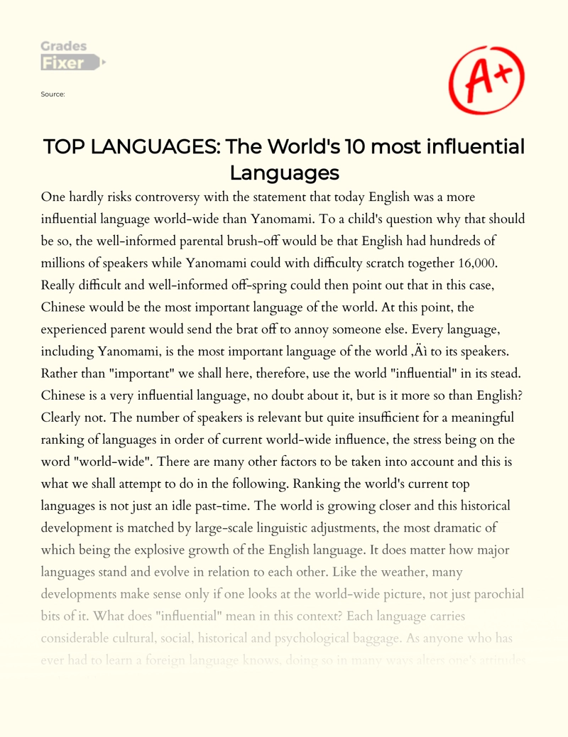 Top Languages: The World's 10 Most Influential Languages Essay