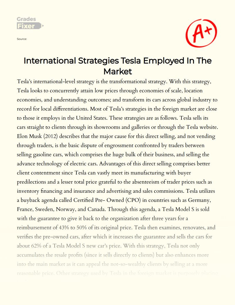International Strategies Tesla Employed in The Market Essay