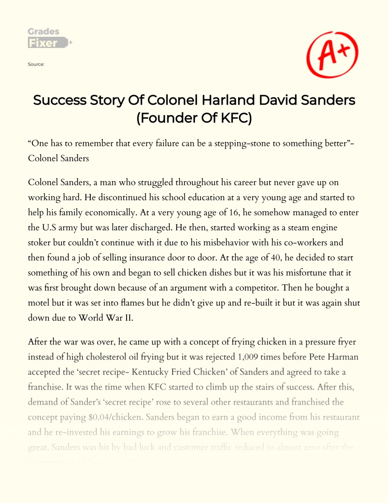 Success Story of Colonel Harland David Sanders (founder of Kfc) essay
