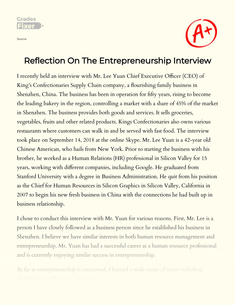 Entrepreneur Interview Experience: a Reflection  Essay