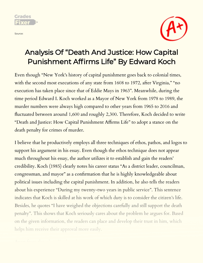Analysis of "Death and Justice: How Capital Punishment Affirms Life" by Edward Koch Essay