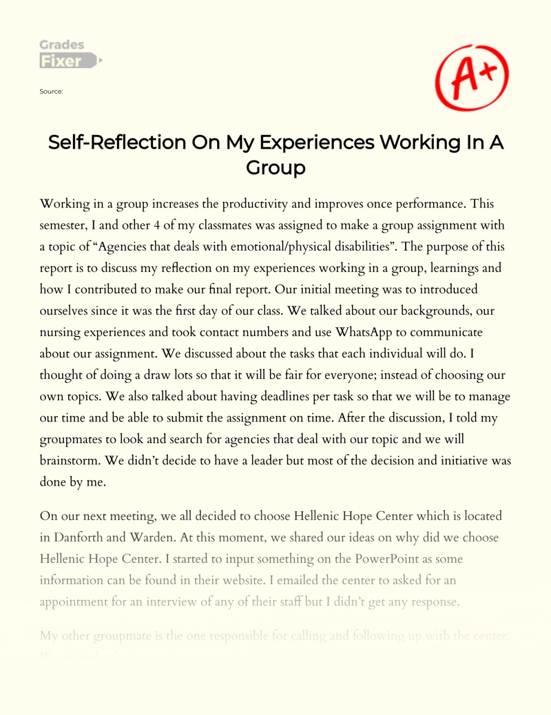 Self-reflection on My Experiences Working in a Group essay