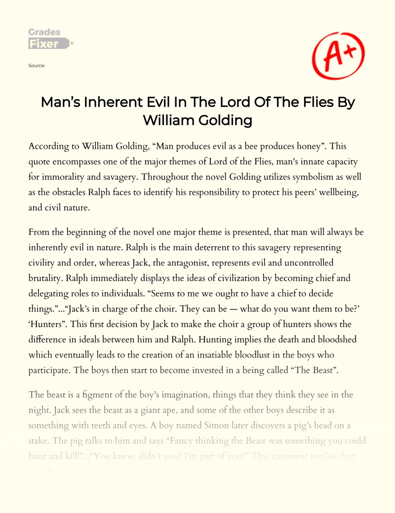 Man’s Inherent Evil in The Lord of The Flies by William Golding essay