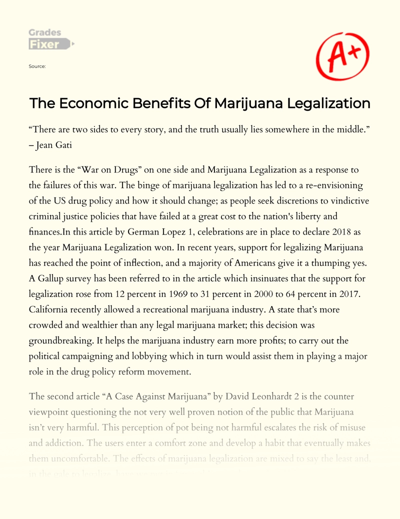 The Economic Benefits of Marijuana Legalization Essay