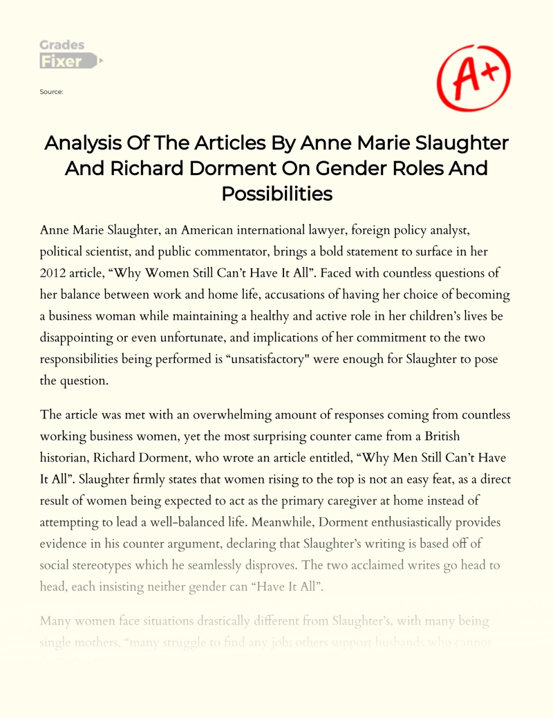 Anne Marie Slaughter and Richard Dorment on Gender Roles Essay