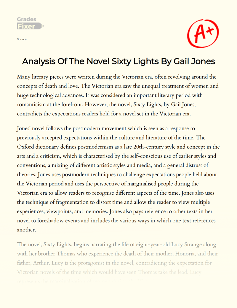 Analysis of The Novel Sixty Lights by Gail Jones Essay
