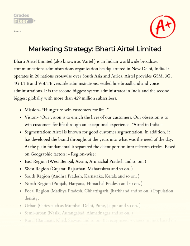Marketing Strategy: Bharti Airtel Limited Essay