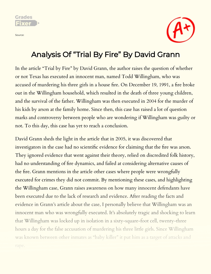 Analysis of "Trial by Fire" by David Grann Essay