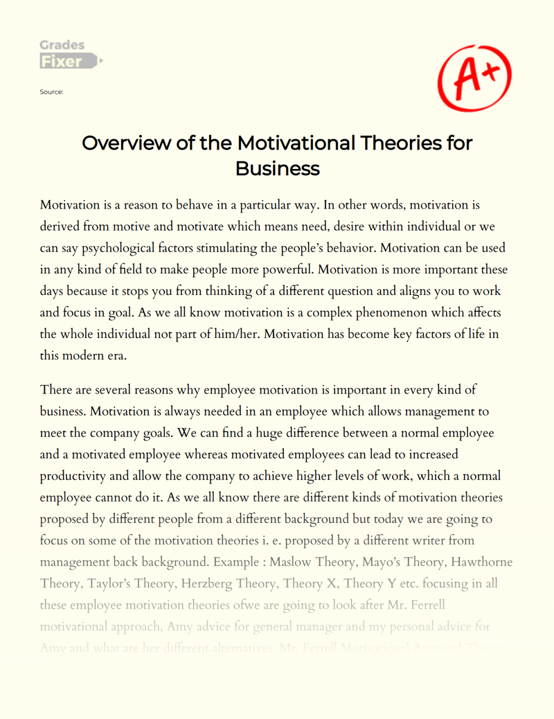 Overview of The Motivational Theories for Business Essay