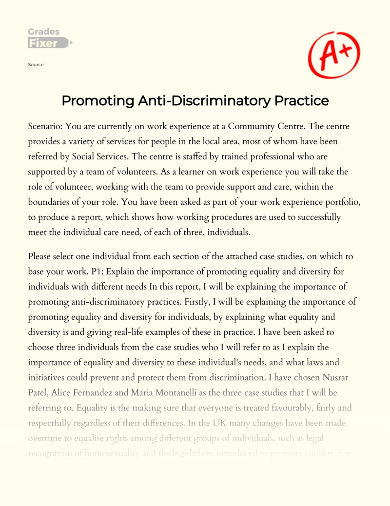 Report on The Importance of Promoting Anti-discriminatory Practice Essay