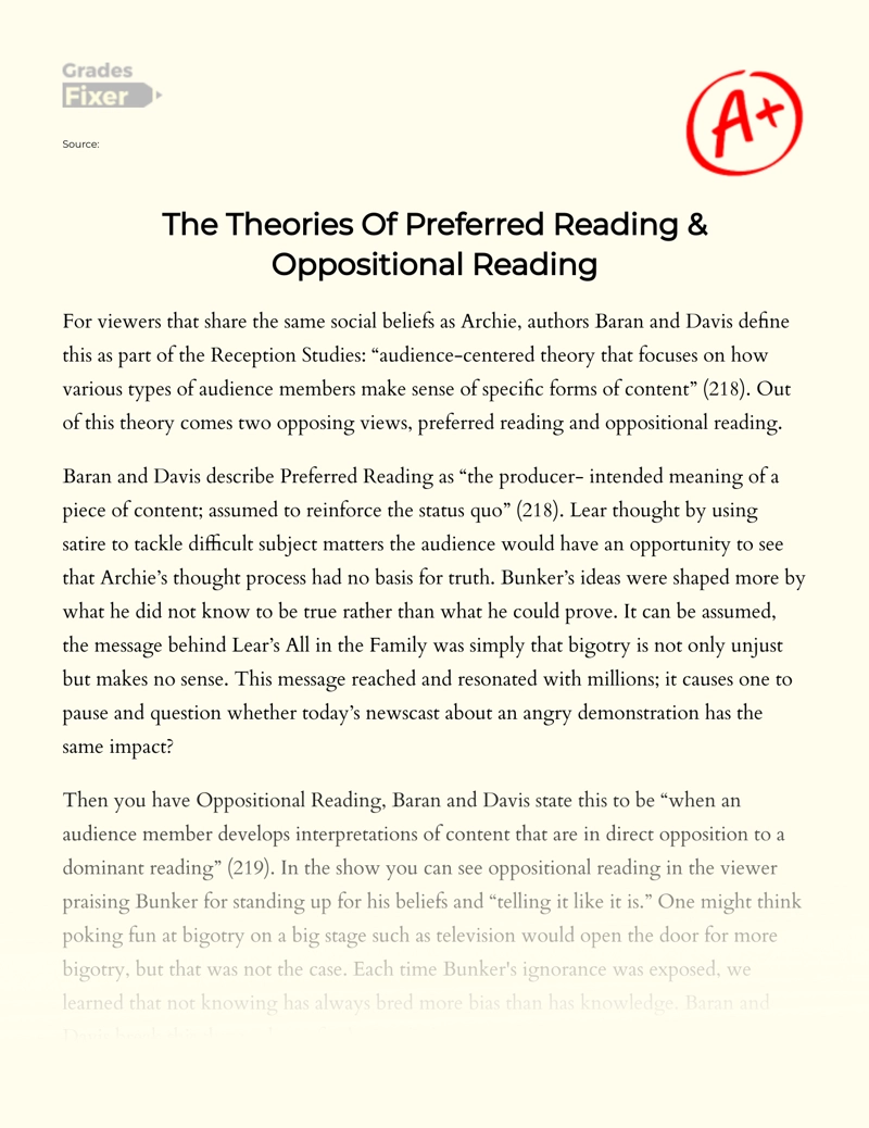 The Theories of Preferred Reading & Oppositional Reading essay
