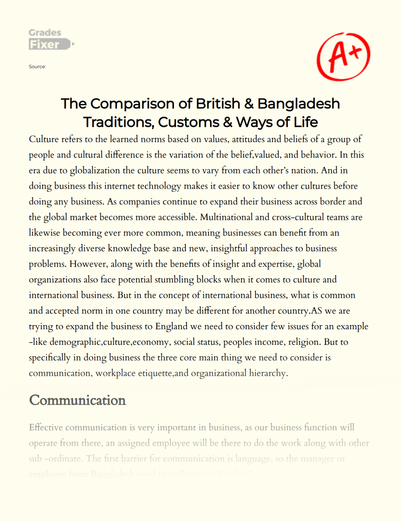 The Comparison of British & Bangladesh Traditions, Customs & Ways of Life Essay