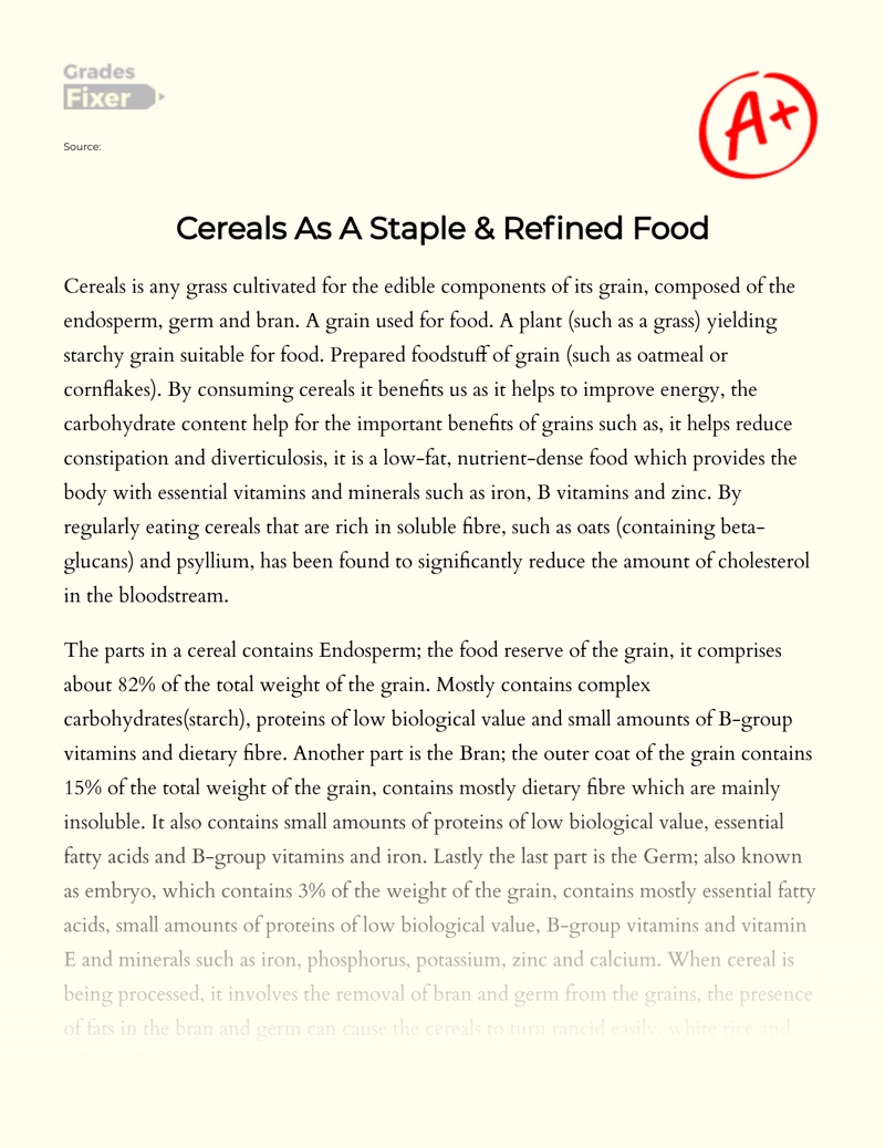 Cereals as a Staple & Refined Food Essay