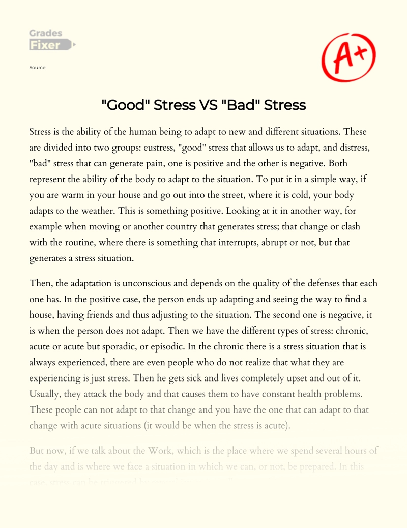 "Good" Stress Vs "Bad" Stress essay