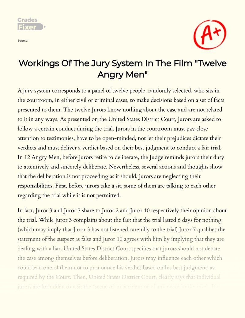 Workings of The Jury System in The Film "Twelve Angry Men" Essay