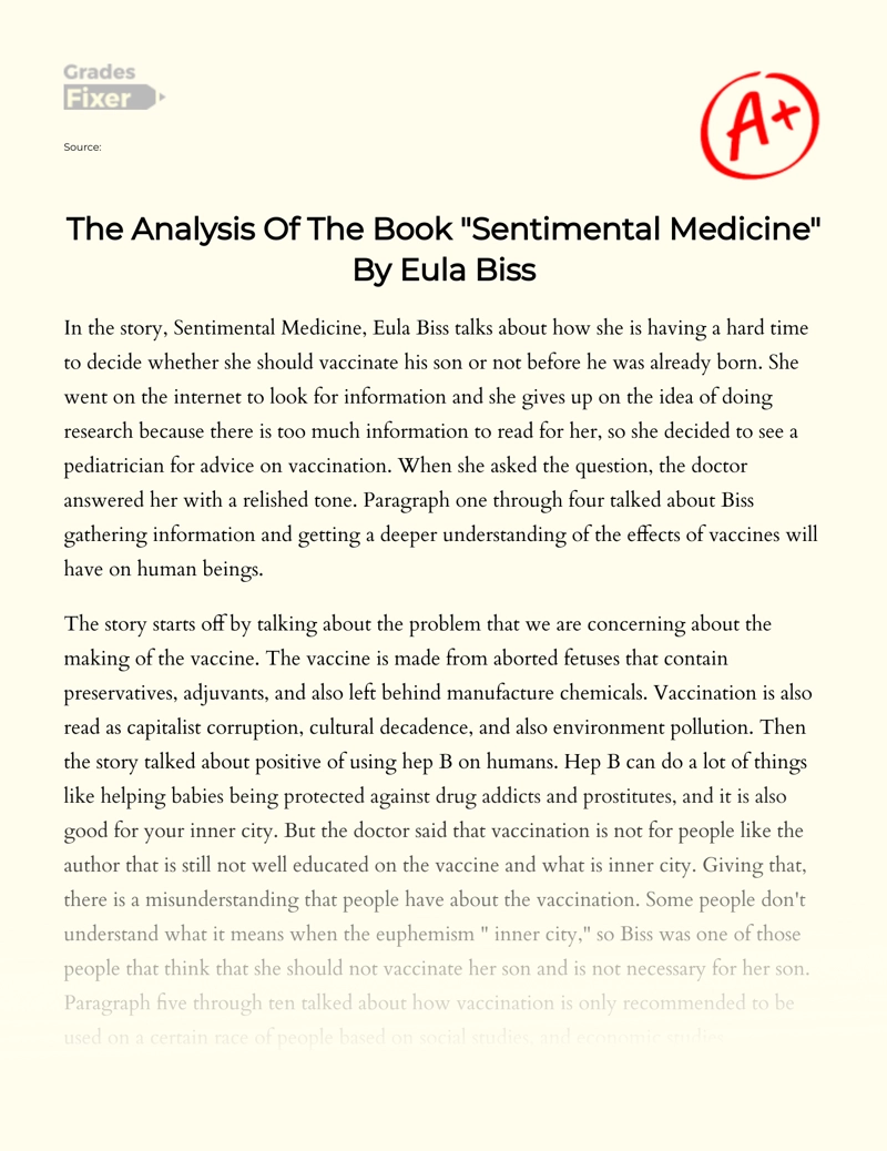 Eula Biss' Book "Sentimental Medicine" Analysis  Essay