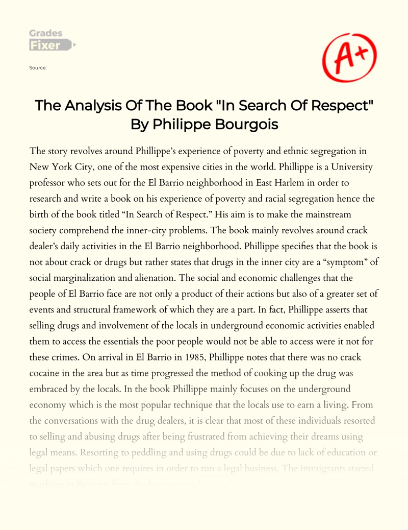 The Analysis of The Book "In Search of Respect" by Philippe Bourgois Essay