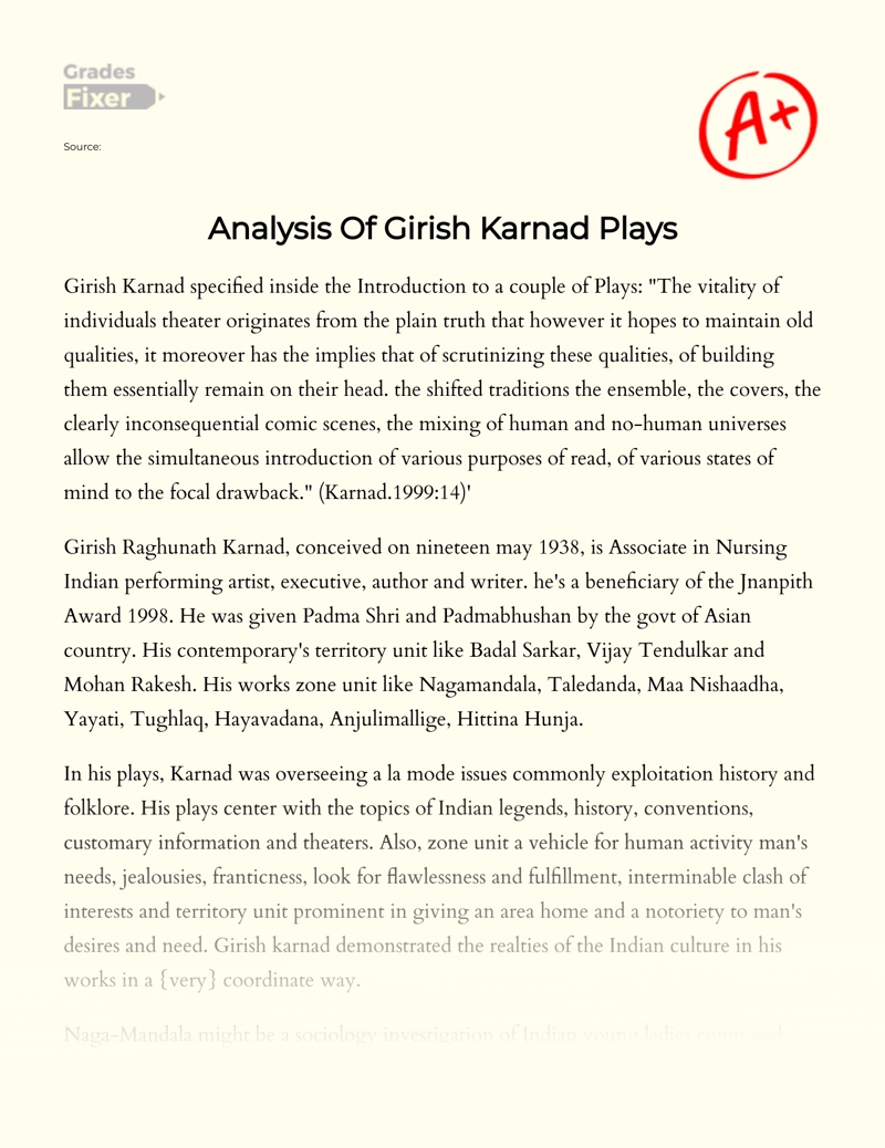 Analysis of Girish Karnad Plays Essay