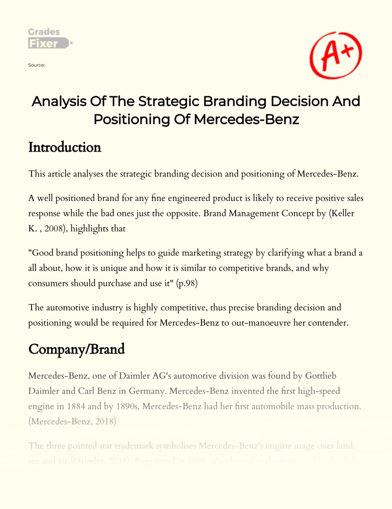 Analysis of The Strategic Branding Decision and Positioning of Mercedes-benz essay