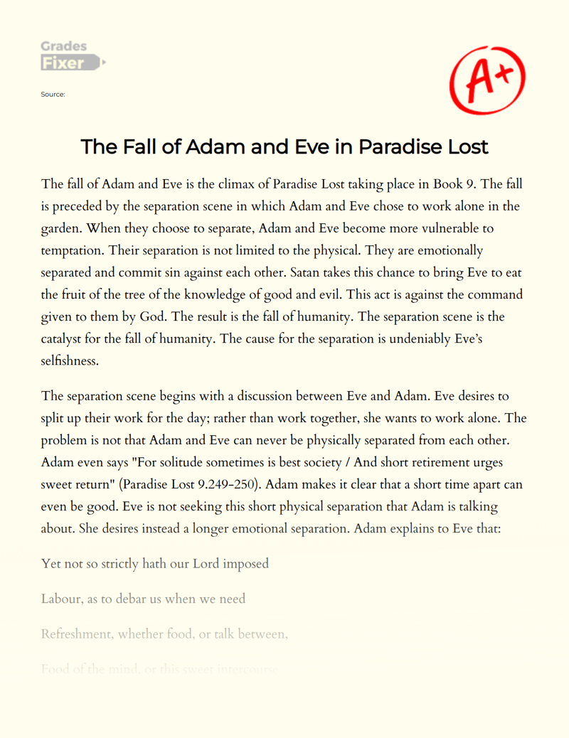The Fall of Adam and Eve in Paradise Lost Essay