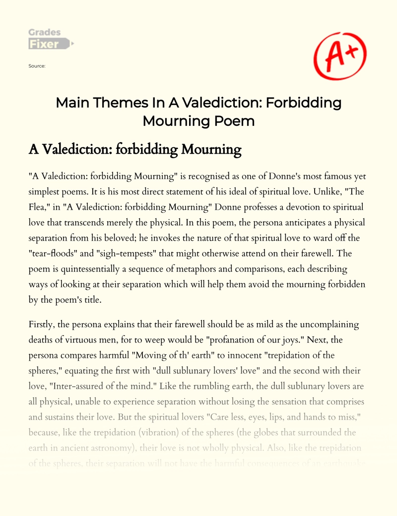 Main Themes in a Valediction: Forbidding Mourning Poem essay