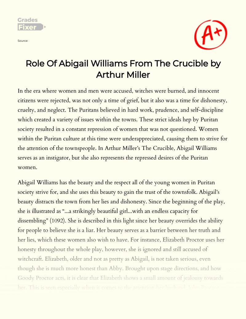 Role of Abigail Williams in The Crucible by Arthur Miller essay