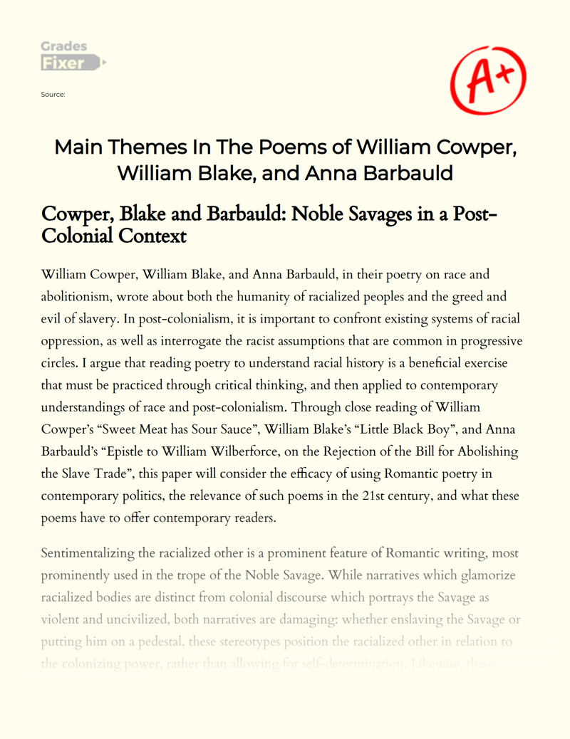 Main Themes in The Poems of William Cowper, William Blake, and Anna Barbauld Essay