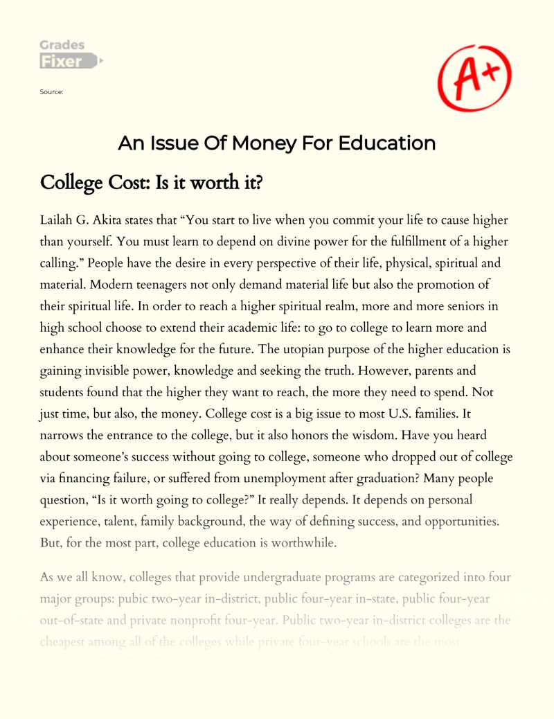 An Issue of Money for Education Essay