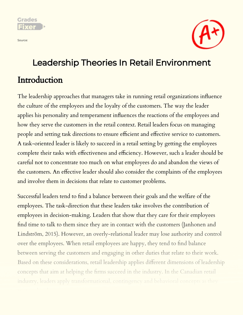 Leadership Theories in Retail Environment Essay