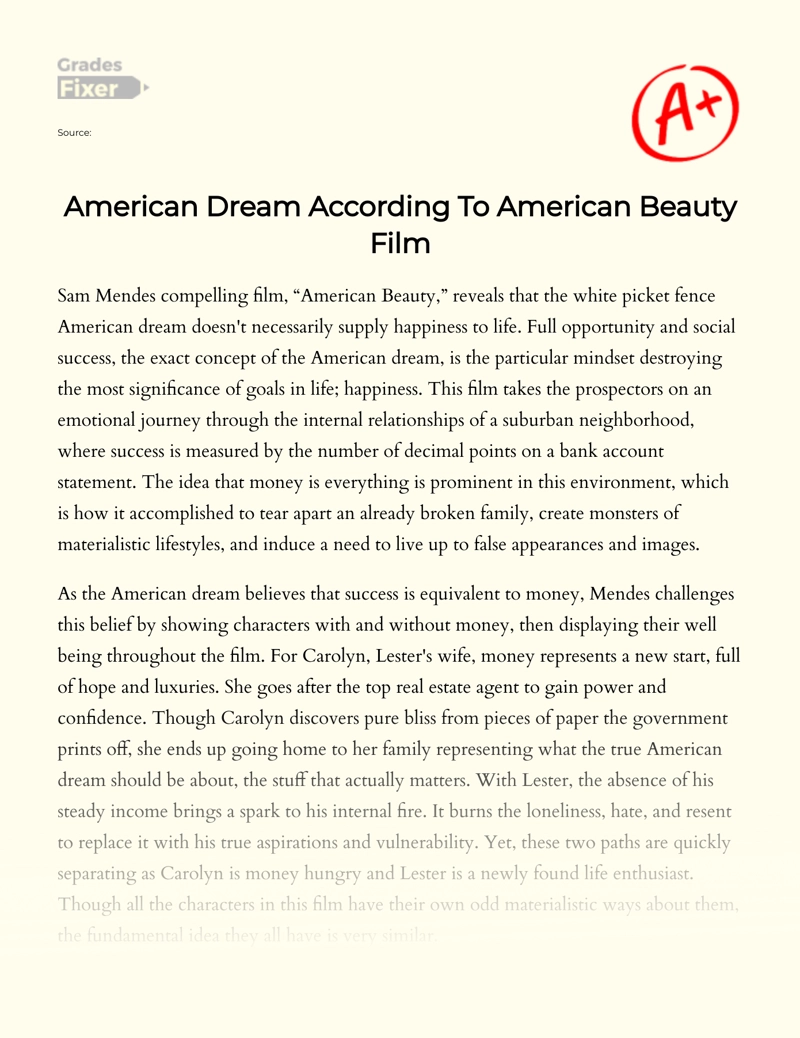 American Dream According to American Beauty Film Essay