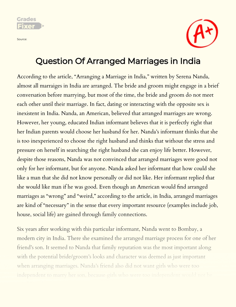 Question of Arranged Marriages in India Essay