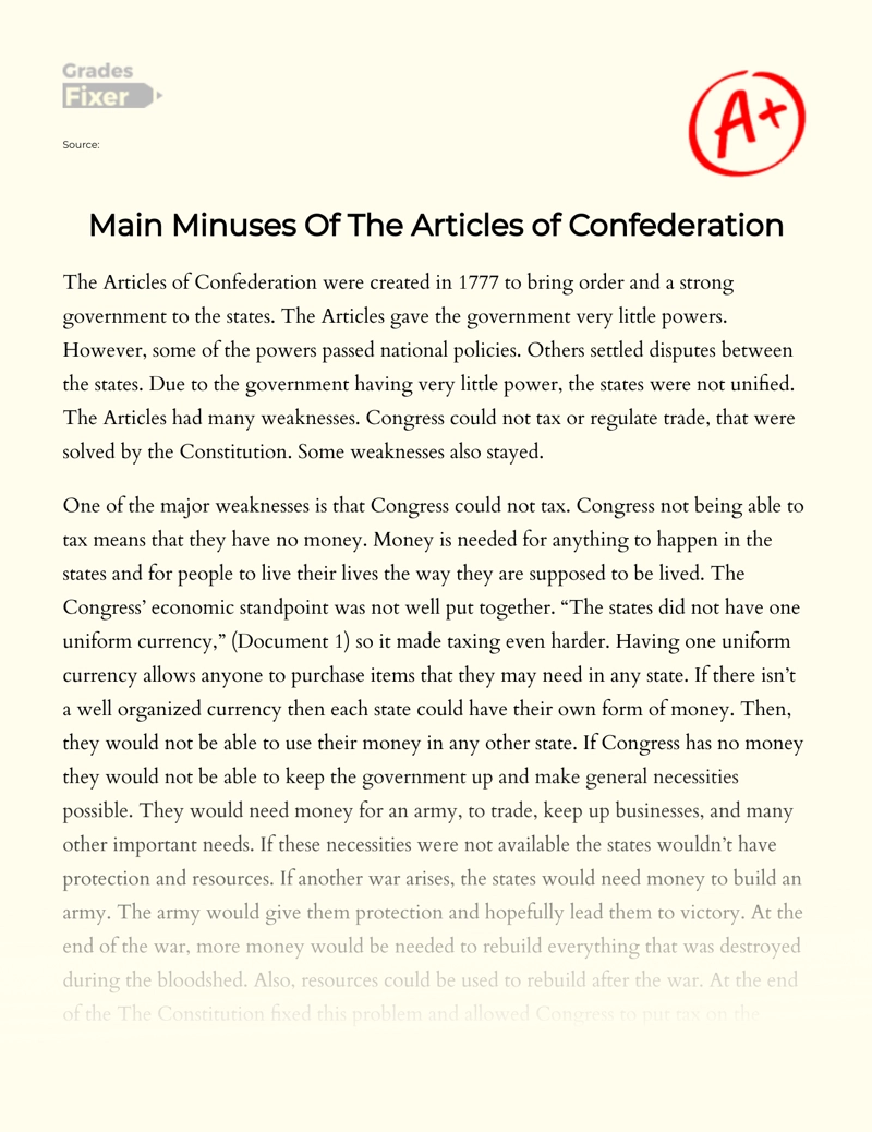 Main Minuses of The Articles of Confederation Essay