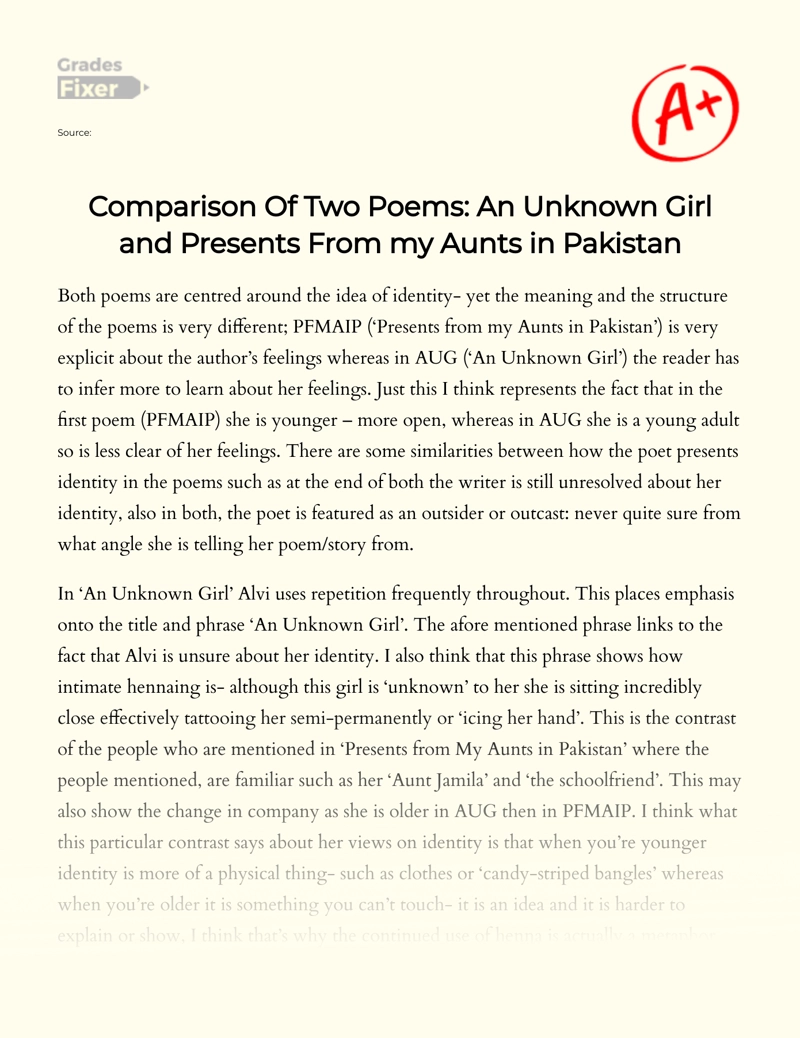 Comparison of Two Poems: an Unknown Girl and Presents from My Aunts in Pakistan essay