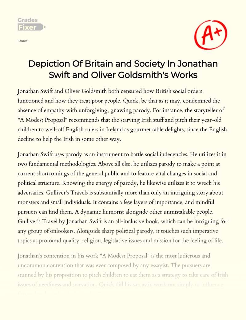 Depiction of Britain and Society in Jonathan Swift and Oliver Goldsmith's Works essay